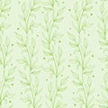 Leaf seamless pattern; green vertical leaf twigs on green background. Royalty Free Stock Photo